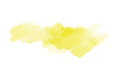 Beyaz üzerine izole edilmiş, sıvı bir kova boyası ile soyut suluboya arka plan görüntüsü. Sarı tonları