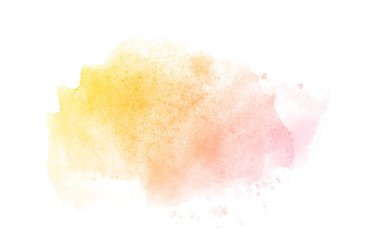 Beyaz üzerine izole edilmiş, sıvı bir kova boyası ile soyut suluboya arka plan görüntüsü. Pembe ve sarı tonları