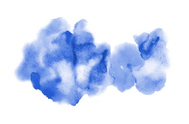 Beyaz üzerine izole edilmiş, sıvı bir kova boyası ile soyut suluboya arka plan görüntüsü. Mavi tonları