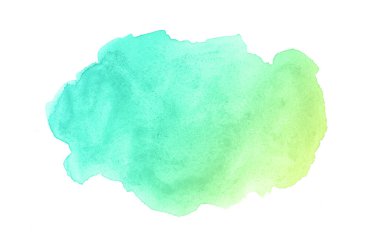 Beyaz üzerine izole edilmiş, sıvı bir kova boyası ile soyut suluboya arka plan görüntüsü. Yeşil ve sarı pastel tonları