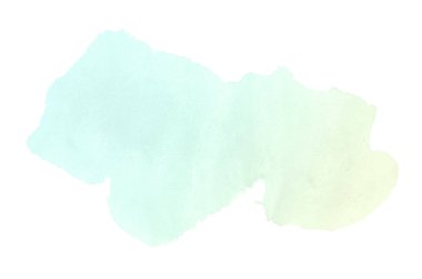 Beyaz üzerine izole edilmiş, sıvı bir kova boyası ile soyut suluboya arka plan görüntüsü. Yeşil ve sarı pastel tonları