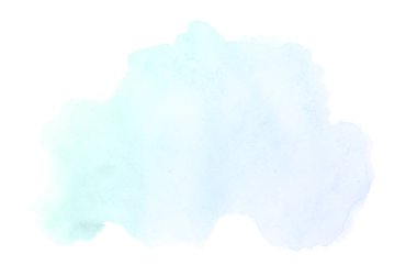 Beyaz üzerine izole edilmiş, sıvı bir kova boyası ile soyut suluboya arka plan görüntüsü. Mavi ve turkuaz pastel tonları