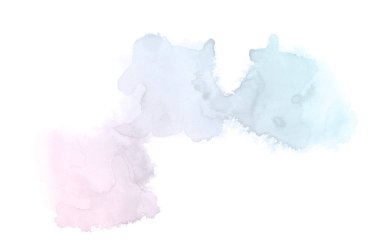 Beyaz üzerine izole edilmiş, sıvı bir kova boyası ile soyut suluboya arka plan görüntüsü. Pembe ve mavi pastel tonları