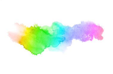 Beyaz üzerine izole edilmiş, sıvı bir kova boyası ile soyut suluboya arka plan görüntüsü. Gökkuşağı tonları
