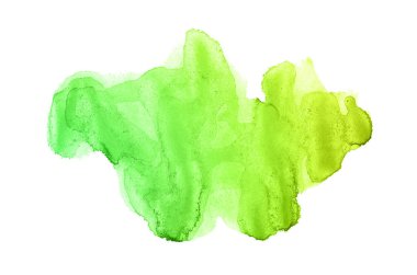 Beyaz üzerine izole edilmiş, sıvı bir kova boyası ile soyut suluboya arka plan görüntüsü. Yeşil ve sarı pastel tonları
