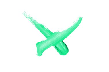 Beyaz bir arka plan üzerinde izole bir onay işareti şeklinde parlak sıvı ruj smear. Kozmetik ürün inme. Evet onay kutusu için işaretleyin. Turkuaz renk