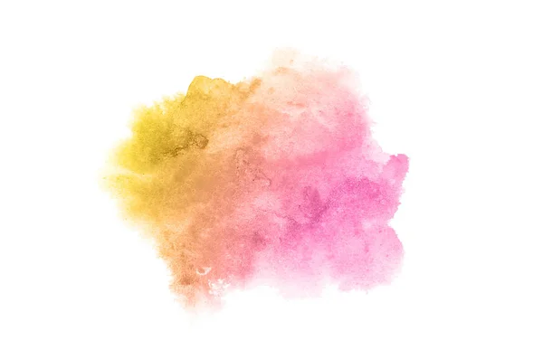 Imagem de fundo aquarela abstrata com um respingo líquido de tinta aquarelle, isolado em branco. Tons rosa e amarelo — Fotografia de Stock