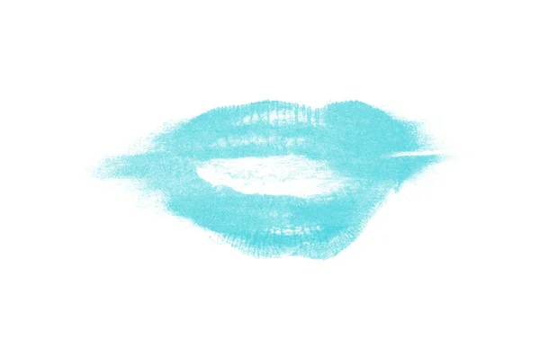 Rúzs csók védjegy fehér háttér. Gyönyörű ajkak izolált. Világoskék szín — Stock Fotó