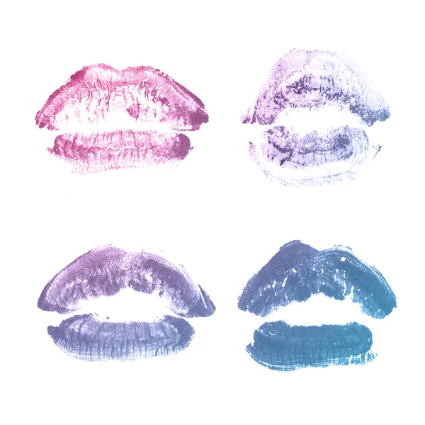 Női ajkak rúzs csók nyomtatni beállított Valentin nap izolált fehér. Ibolyakék színe — Stock Fotó