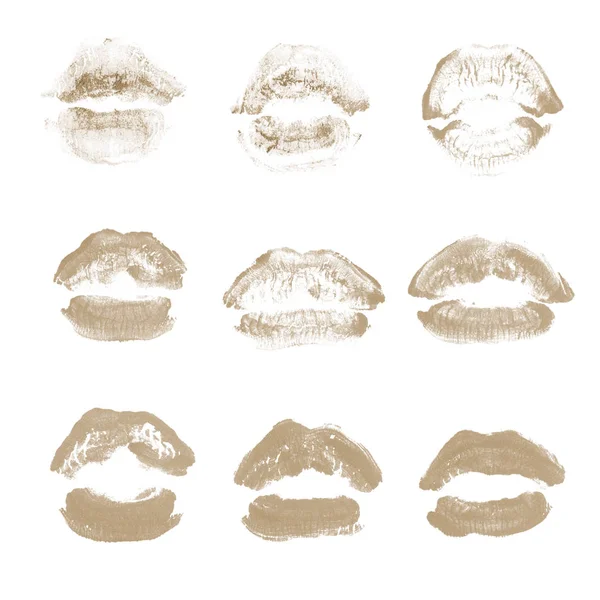 Labios femeninos beso lápiz labial conjunto de impresión para el día de San Valentín aislado en blanco. Color marrón —  Fotos de Stock
