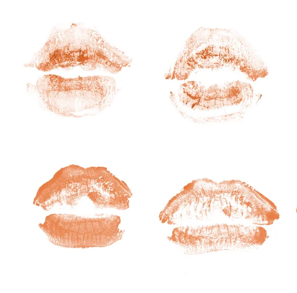 Kobiece usta szminka Kiss Print zestaw na Walentynki na białym tle. Kolor pomarańczowy — Zdjęcie stockowe