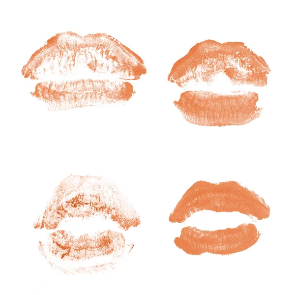 Female lips lipstick kiss print set for valentine day isolated on white. Orange color — Stock Photo, Image