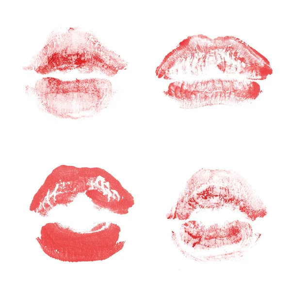 Vrouwelijke lippen lipstick kiss print set voor Valentijn dag geïsoleerd op wit. Rode kleur — Stockfoto