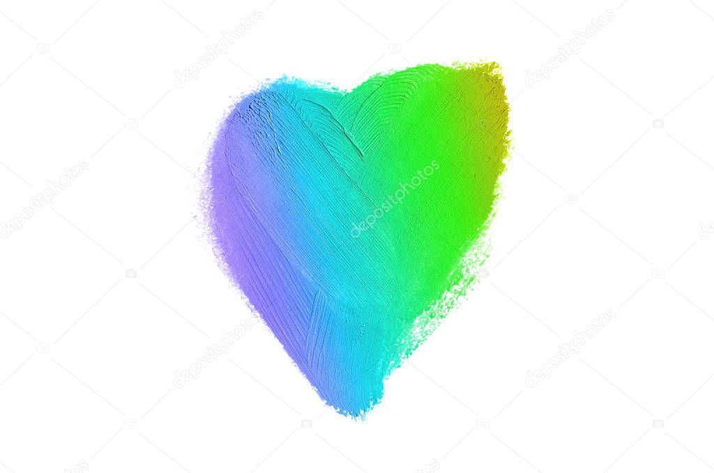 Liquid lipstick heart shape smudge isolated on white background. Rainbow color