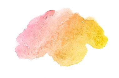 Beyaz üzerine izole edilmiş, sıvı bir kova boyası ile soyut suluboya arka plan görüntüsü. Pembe ve sarı tonları