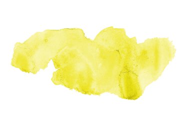 Beyaz üzerine izole edilmiş, sıvı bir kova boyası ile soyut suluboya arka plan görüntüsü. Sarı tonları