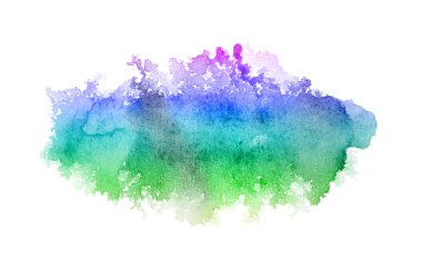 Beyaz üzerine izole edilmiş, sıvı bir kova boyası ile soyut suluboya arka plan görüntüsü. Gökkuşağı tonları