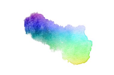 Beyaz üzerine izole edilmiş, sıvı bir kova boyası ile soyut suluboya arka plan görüntüsü. Gökkuşağı tonları