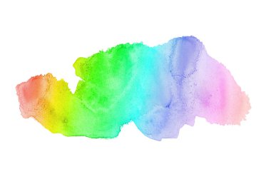 Beyaz üzerine izole edilmiş, sıvı bir kova boyası ile soyut suluboya arka plan görüntüsü. Gökkuşağı tonları