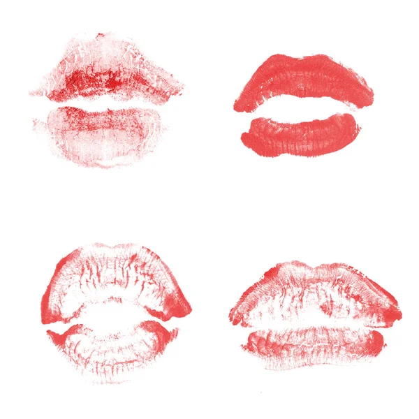 Female lips lipstick kiss print set for valentine day isolated on white. Red color — Stock Photo, Image