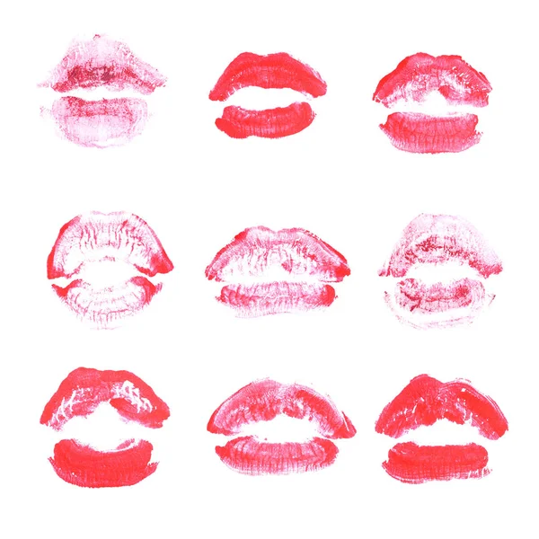 Női ajkak rúzs csók nyomtatni beállított Valentin nap izolált fehér. Bíbor szín — Stock Fotó