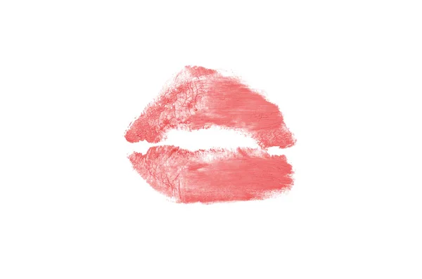 Rúzs csók védjegy fehér háttér. Gyönyörű ajkak izolált. Vörös szín — Stock Fotó
