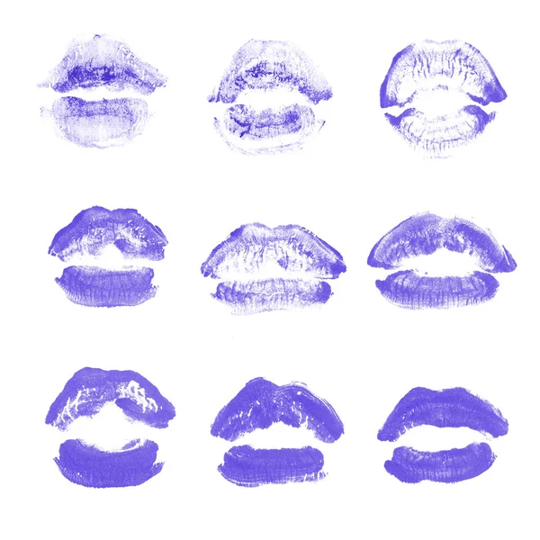 Rossetto labbra femminili set stampa bacio per San Valentino isolato su bianco. Colore viola — Foto Stock