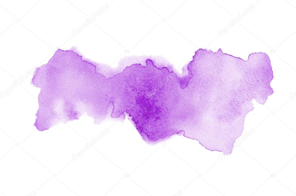 Abstract watercolor background image with a liquid splatter of aquarelle paint, isolated on white. Purple tones