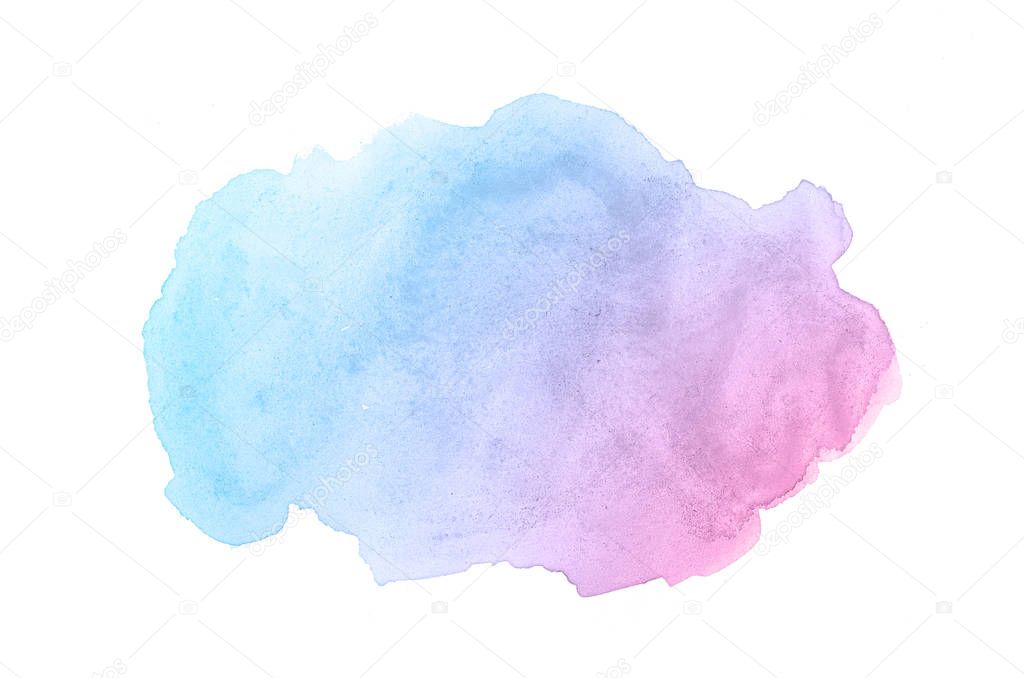 Abstract watercolor background image with a liquid splatter of aquarelle paint, isolated on white. Pink and blue pastel tones