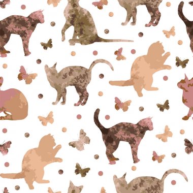 beyaz arka plan üzerinde izole sevimli kahve kedi ve kelebekler ile sorunsuz desen. vektör eps10