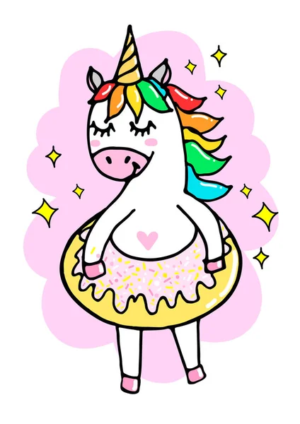 Carino divertente cartone animato unicorno con una ciambella su uno sfondo rosa, illustrazione vettoriale — Vettoriale Stock