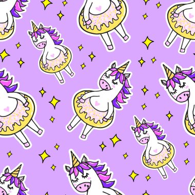 komik tek boynuzlu at ve donut ile sevimli sorunsuz desen. sonsuz arka plan, vektör illüstrasyon