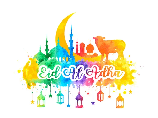 Muslim holiday Eid al-Adha. Greeting card with a sacrificial sheep, mosque and crescent with watercolor rainbow splash. vector illustration — Stock Vector