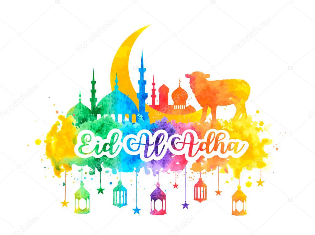 Muslim holiday Eid al-Adha. Greeting card with a sacrificial sheep, mosque and crescent with watercolor rainbow splash. vector illustration