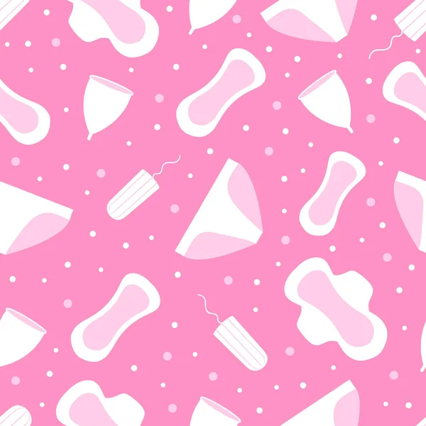 Periode partij naadloze patroon met vrouwelijke hygiëne producten. Tampons, pads, slipje en menstruele Cup. vector illustratie — Stockvector