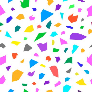 Terrazzo geometrik doku. Beyaz arka plan üzerine dağılmış renkli serpiştirmeler ile soyut dikişsiz desen. Fon, tekstil baskı, ambalaj kağıdı için yaratıcı vektör illüstrasyon