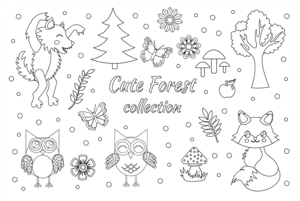 Vector set van schattige bos elementen schets overzicht doodle stijl. Kleurboek pagina voor kinderen. Bos dieren Vos, Wolf, uilen, vlinders, paddestoelen, bloemen en bomen — Stockvector