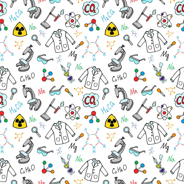 Chemie kreslená bezproblémovou maskou. Tabule s prvky, vzorci, atomem, zkumavce a laboratorními přístroji. styl Doodle, vektorový obrázek — Stockový vektor