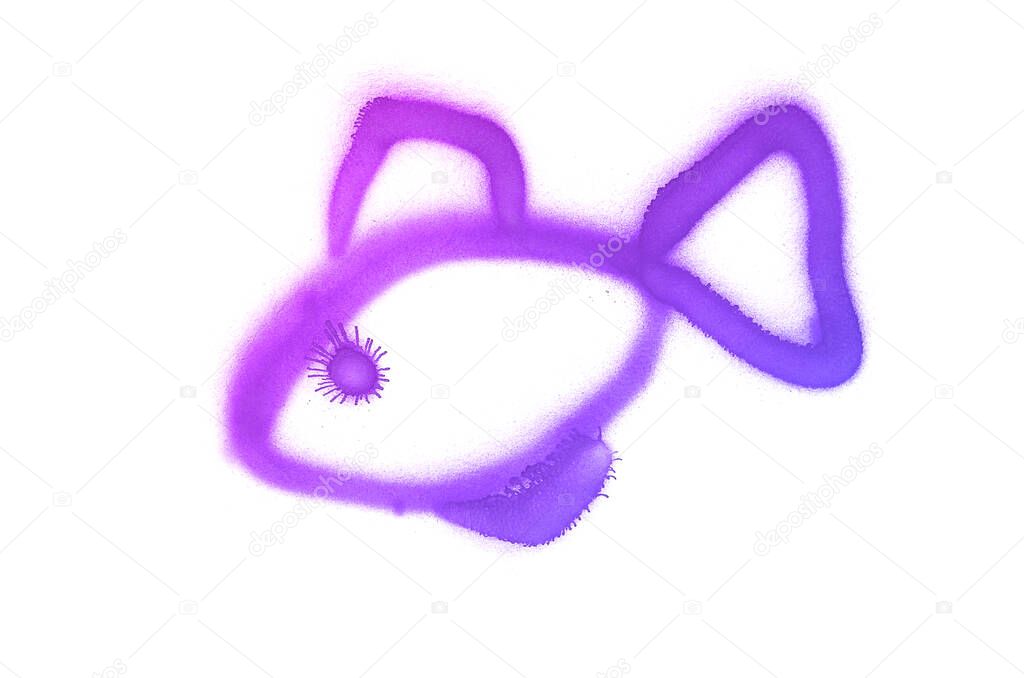 Graffiti fish sign sprayed on white isolated background. Symbol painted in street art tag style in trendy colors