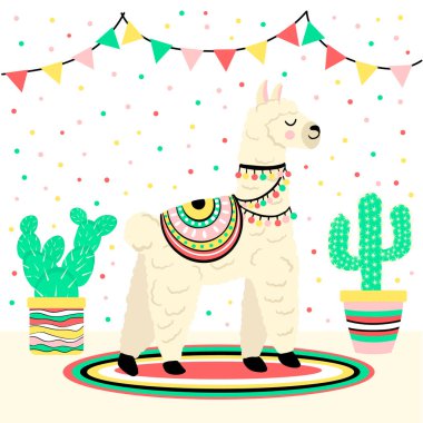 Cute lama with cactus and ethnic design elements vector illustration