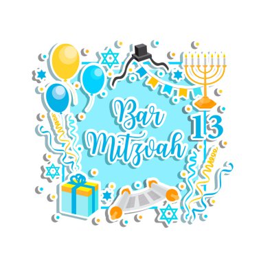 Bar Mitzvah congratulation or invitation card. jewish holiday 13th birthday boy vector clipart