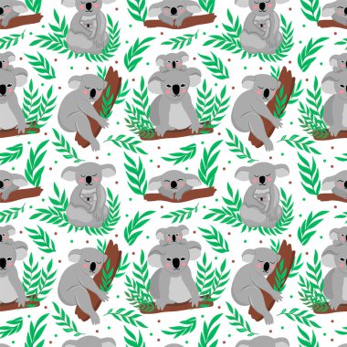 Okaliptüs etkisinde anne ve bebek koalaların mükemmel desenleri. vektör illüstrasyonu