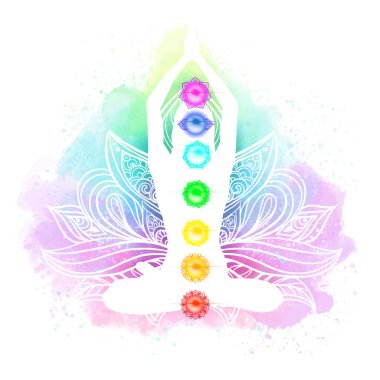 Meditasyon, aura ve çakra gökkuşağı suluboya vektör çizimi