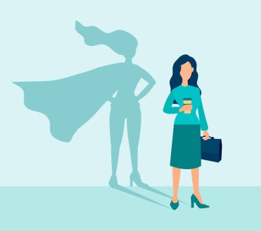 Süper kahraman gölgesi olan bir iş kadını. Liderlik motivasyon konsepti. Vektör