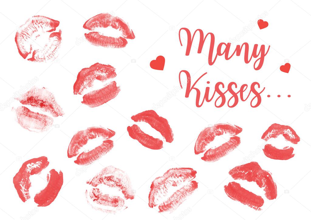 Female lips lipstick kiss print set for valentine day isolated on white. vector