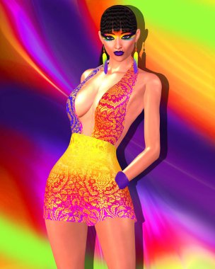 Trendy Fashion design scene with bold colors. Woman wearing a sexy skirt and top against a rainbow colored background. Our unique 3d rendered digital model art fashion design shouts confidence, fun and attention grabbing colors. 
