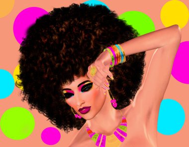 Afro Hairstyle scene with bold colors. Woman wearing a trendy, curly Afro hairstyle,poses against a bright colored background with circles. Our unique 3d rendered digital model art fashion design shouts confidence, fun and attention grabbing colors. 
