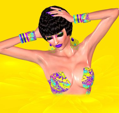 Yeni moda stilleri ileri parlak sarı çiçek bahar. Güzel kadın aksesuarları, makyaj ve modaya uygun bir saç modeli eşleşen bir seksi renkli üst modelleme. Bizim 3d dijital model sanat işlenen ve moda sahneleri projeniz için dikkatini.
