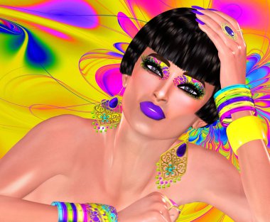 Floral swirls bu kalın renkli moda sahne için zemin oluşturmak. Eşleme göz farı ve aksesuarları bir kadın kısa bir saç modeli ile poz veriyor. Bizim orijinal 3d render dijital model sanat moda sahneleri projeniz için dikkatini.