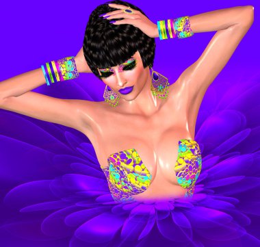 Yeni moda stilleri ileri parlak mor çiçek bahar. Güzel kadın aksesuarları, makyaj ve modaya uygun bir saç modeli eşleşen bir seksi renkli üst modelleme. Bizim orijinal 3d render dijital model sanat moda sahneleri dikkat çekmek.